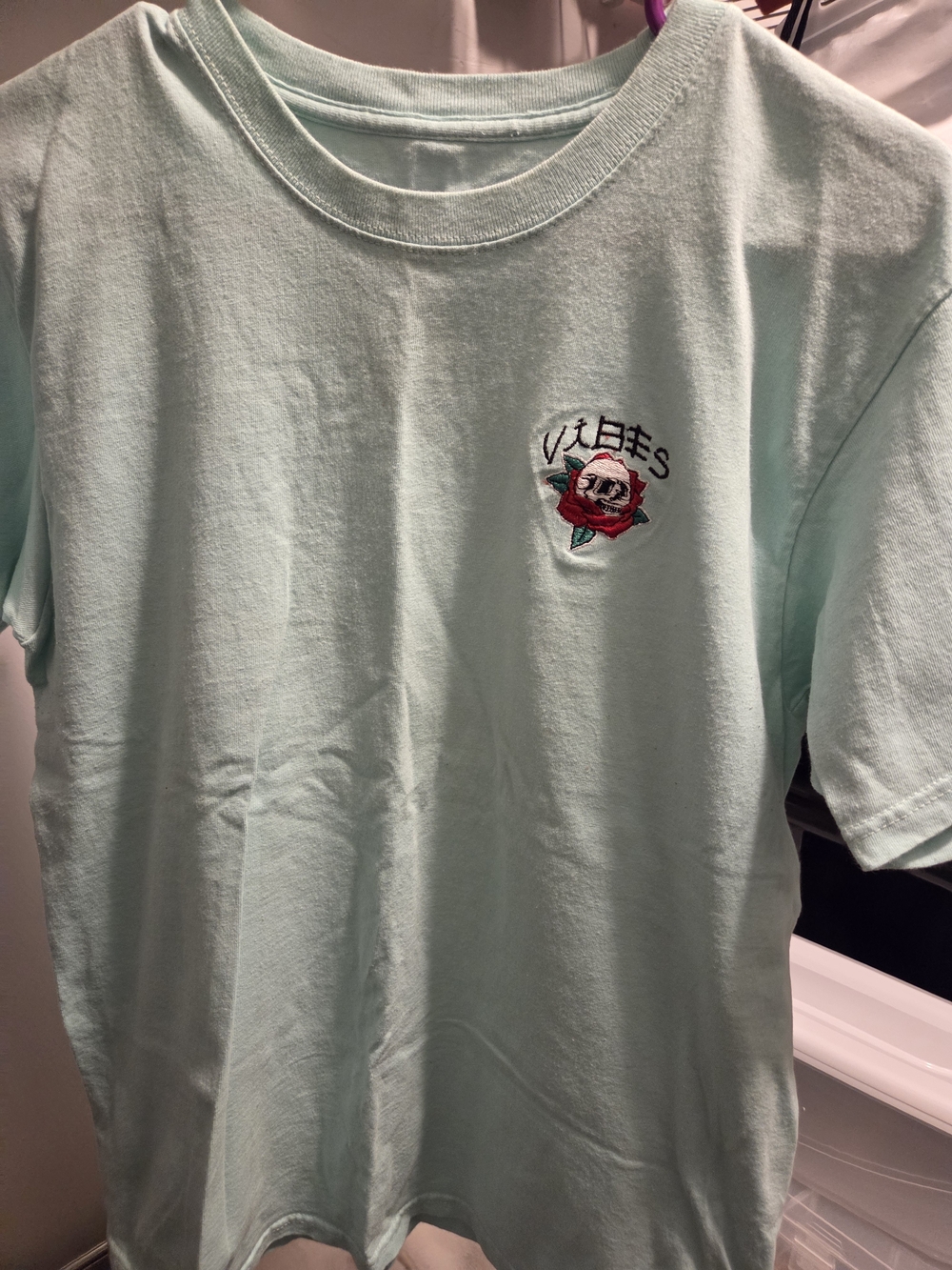Vibe Mint Green Short Sleeve Tee with Embroidered Skull & Rose